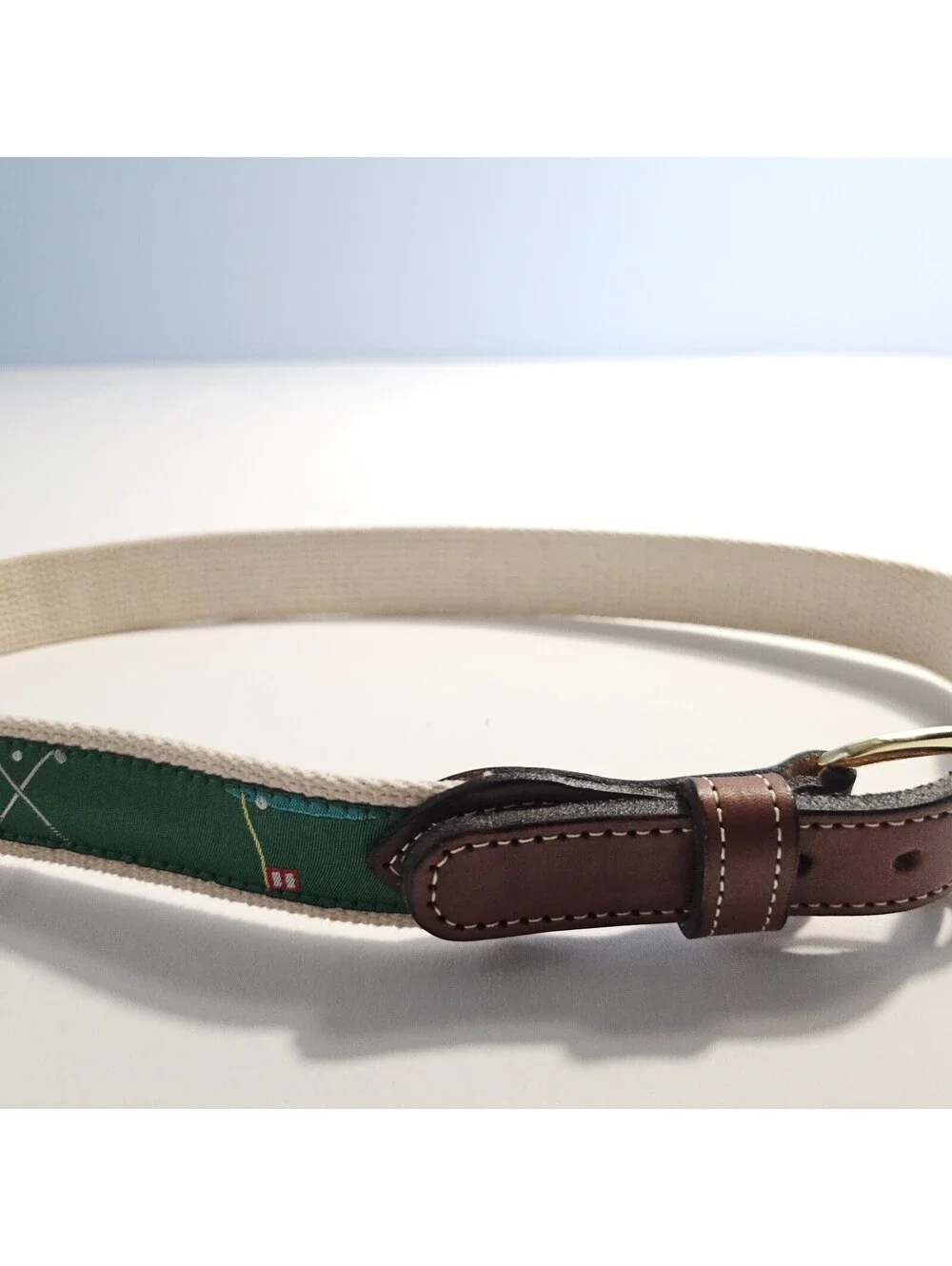Golf Theme Canvas & Leather Belt Brown Leather Gold Buckle Green Golf Flag Clubs